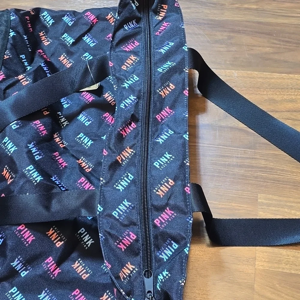 PINK Victoria's Secret Black Weekender Tote with Colorful Logo Pattern